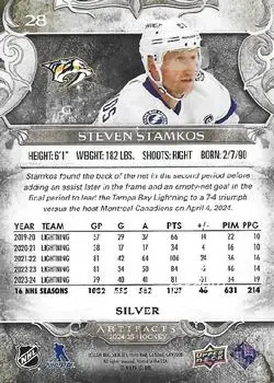 2024-25 Upper Deck Artifacts #28 - Steven Stamkos - Nashville Predators - Back
