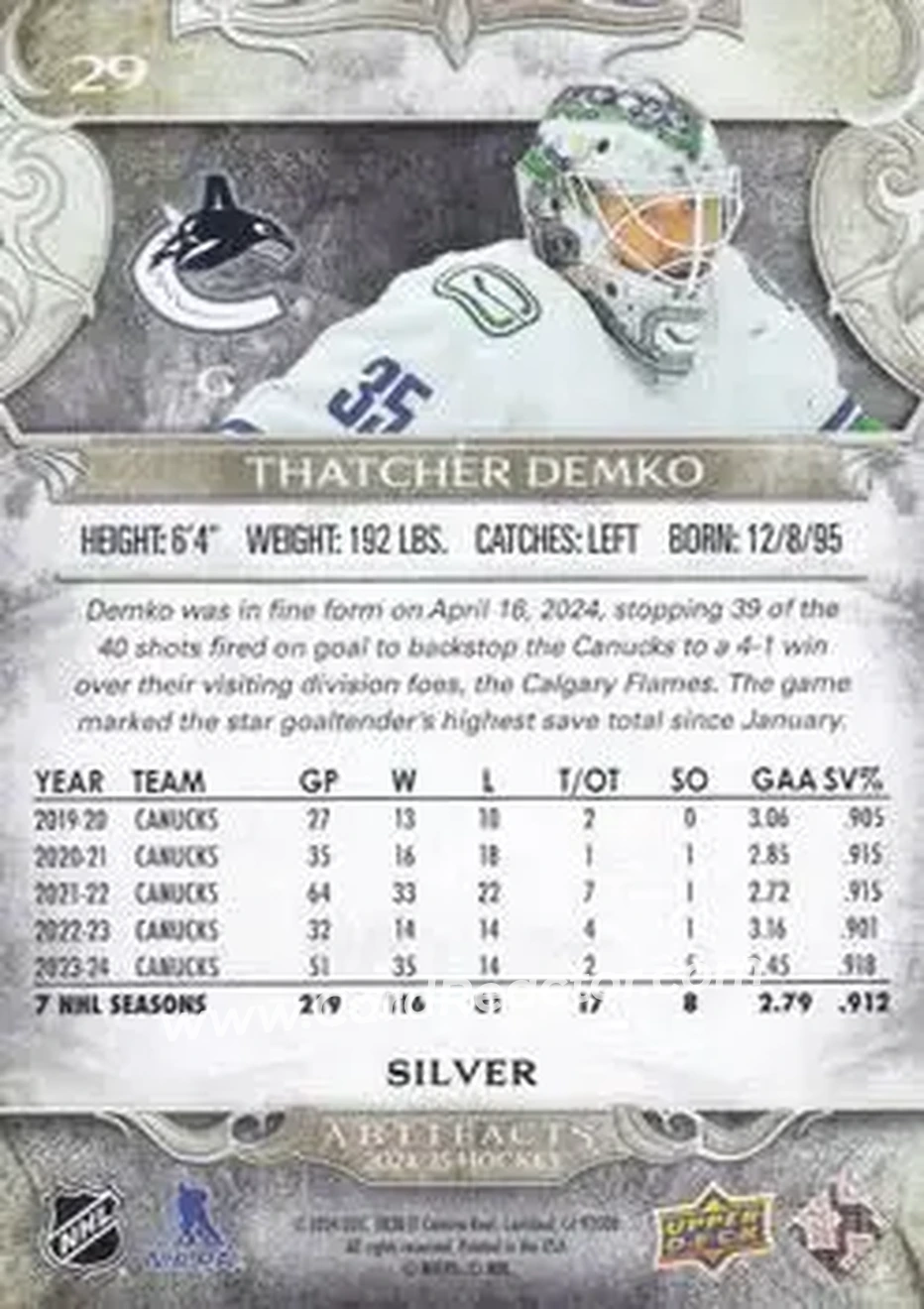 2024-25 Upper Deck Artifacts #29 - Thatcher Demko - Vancouver Canucks - Back