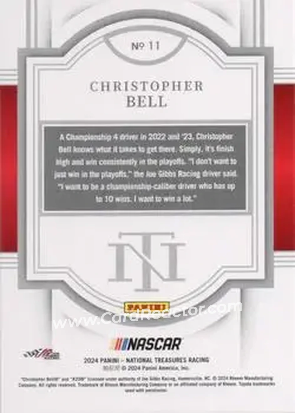 2024 Panini National Treasures #11 - Christopher Bell - Joe Gibbs Racing - Back