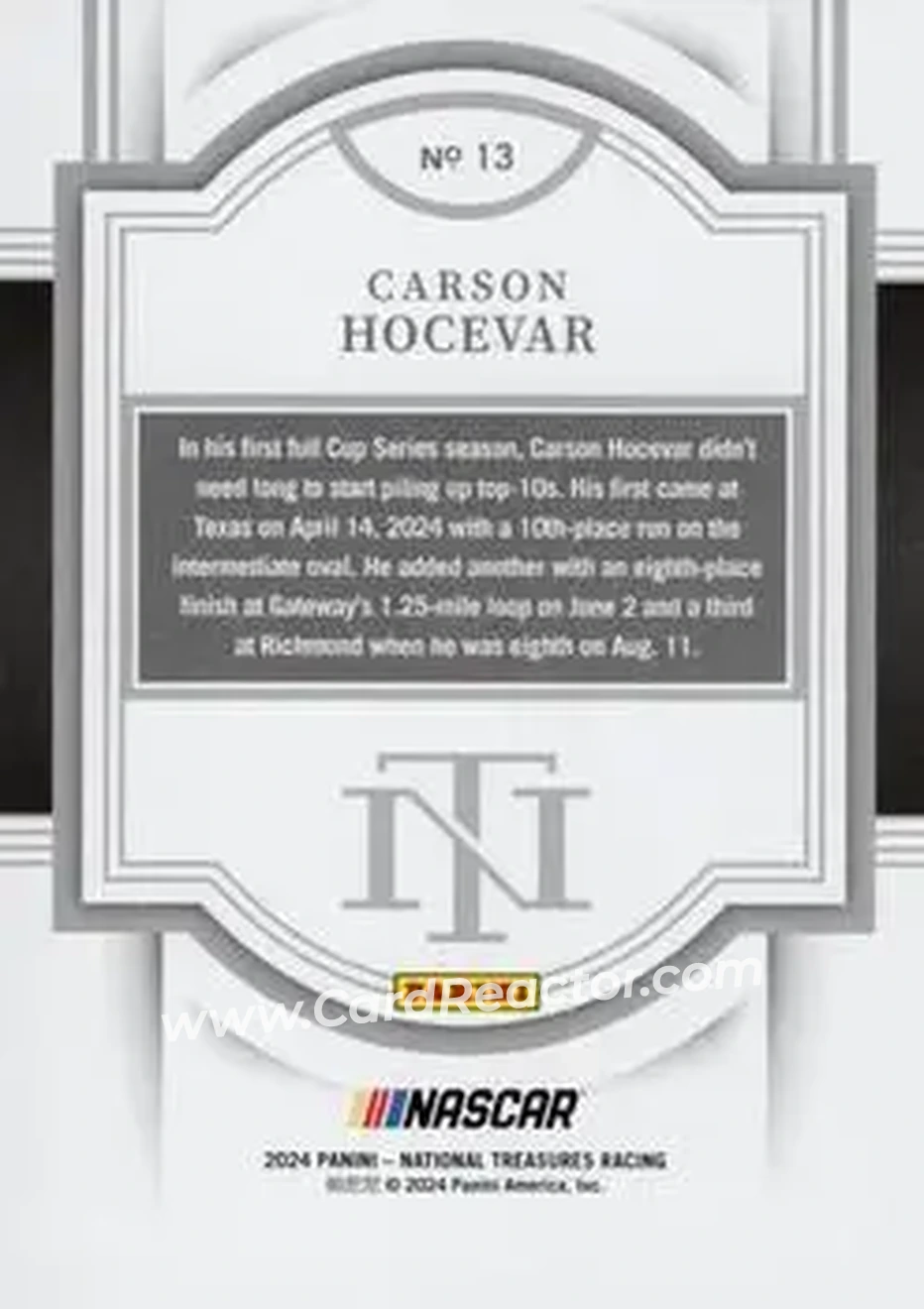 2024 Panini National Treasures #13 - Carson Hocevar - Spire Motorsports - Back