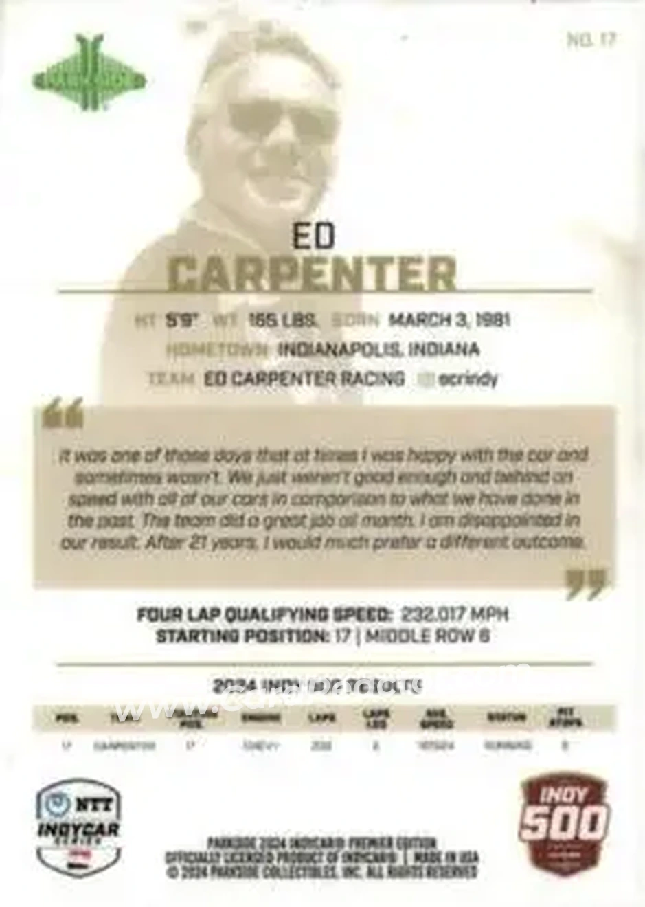 2024 Parkside Indy 500 Pacific #17 - Ed Carpenter - Ed Carpenter Racing - Back