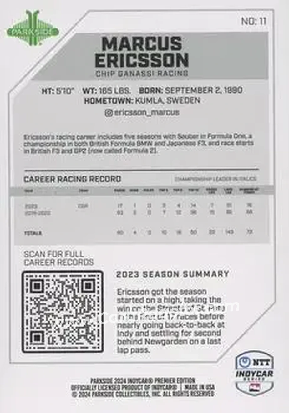 2024 Parkside IndyCar Premier Edition #11 - Marcus Ericsson - Chip Ganassi Racing - Back