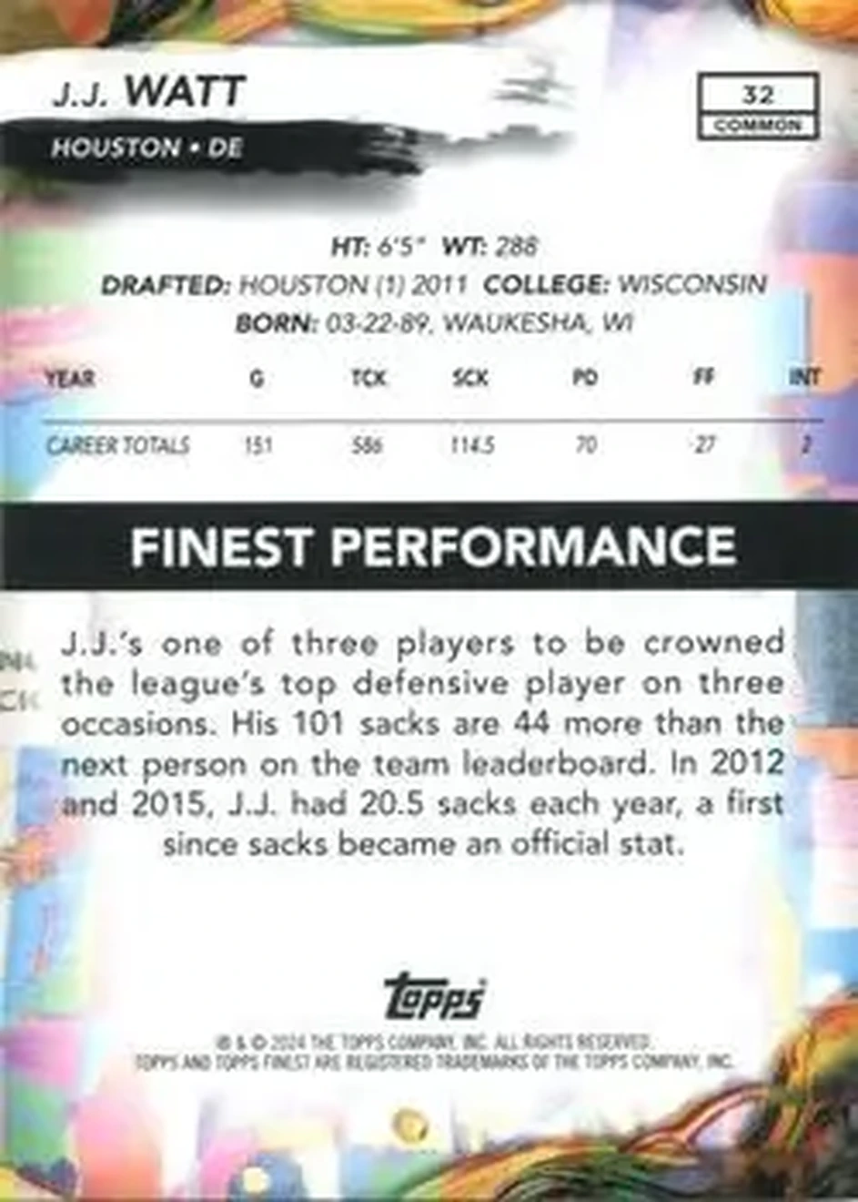 2024 Finest #32 - J.J. Watt - Houston Texans - Back 2024 Finest #32 - J.J. Watt - Houston Texans - Back