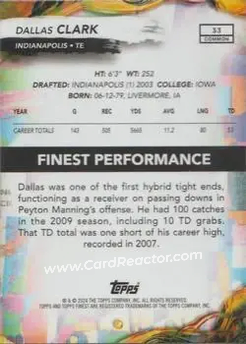 2024 Finest #33 - Dallas Clark - Indianapolis Colts - Back