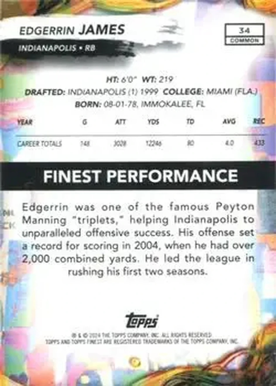 2024 Finest #34 - Edgerrin James - Indianapolis Colts - Back