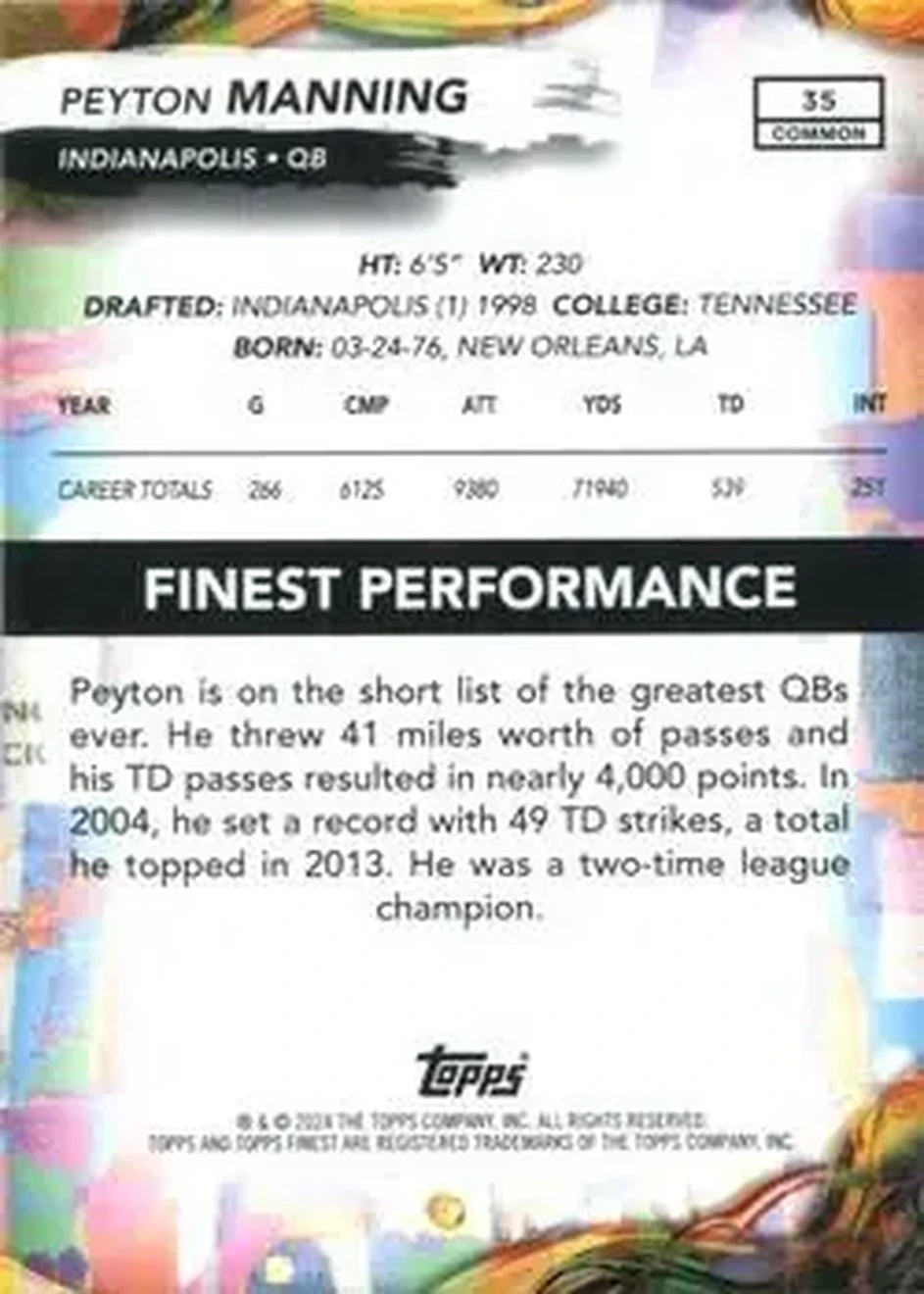 2024 Finest #35 - Peyton Manning - Indianapolis Colts - Back