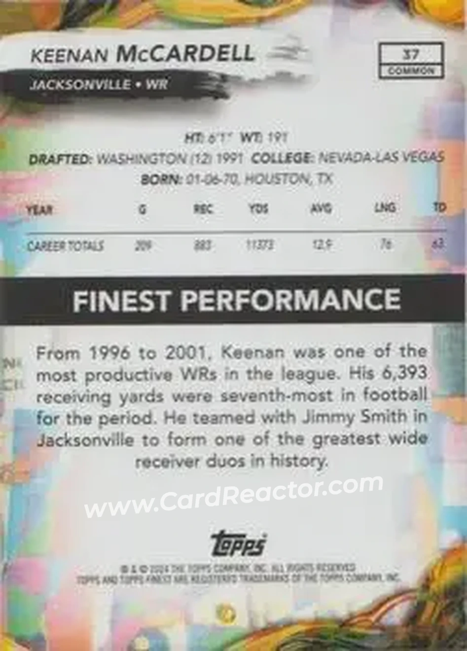 2024 Finest #37 - Keenan McCardell - Jacksonville Jaguars - Back