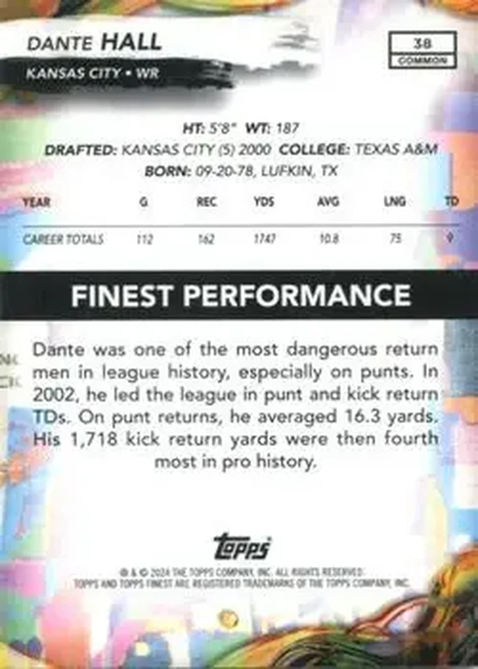 2024 Finest #38 - Dante Hall - Kansas City Chiefs - Back