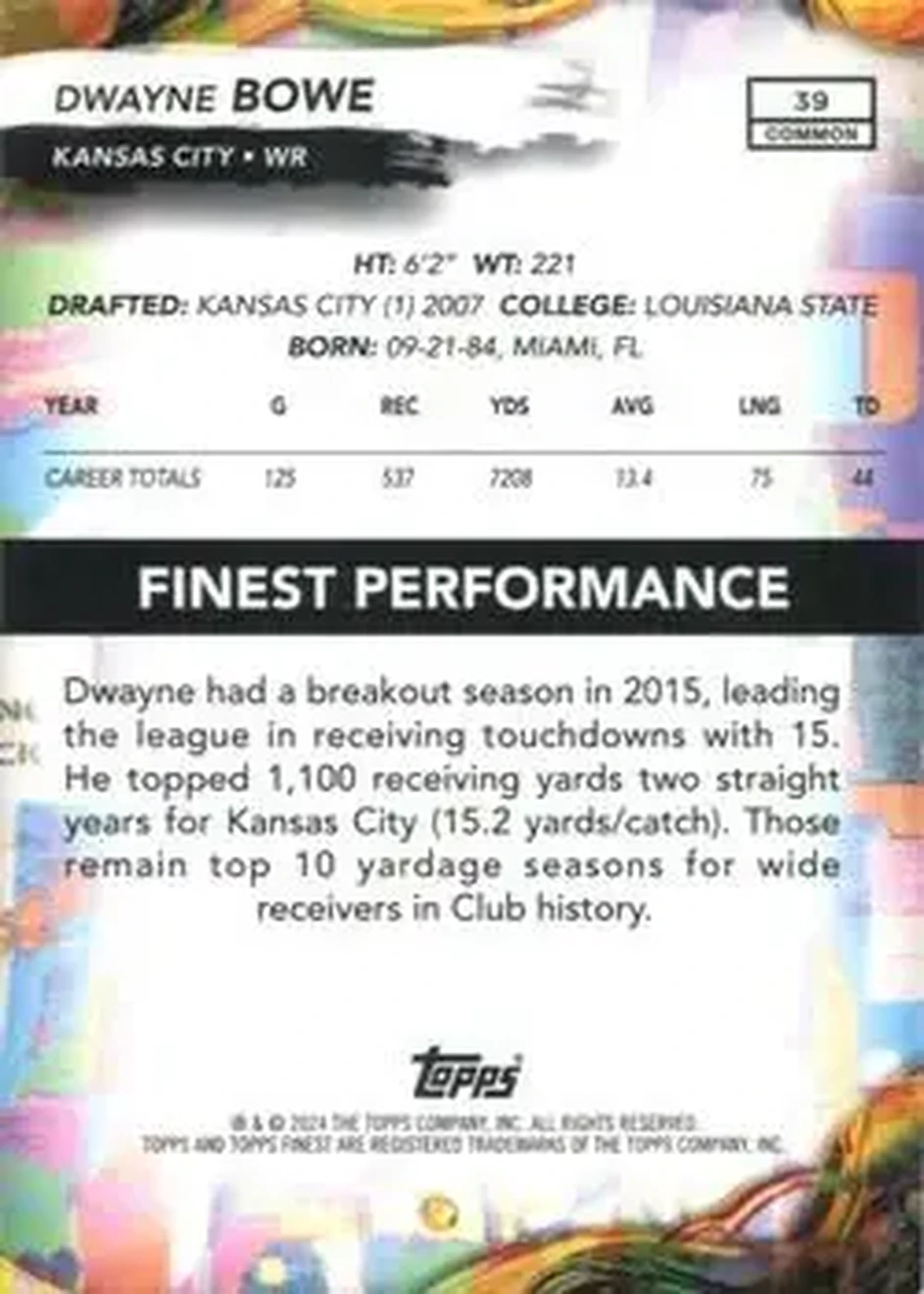 2024 Finest #39 - Dwayne Bowe - Kansas City Chiefs - Back