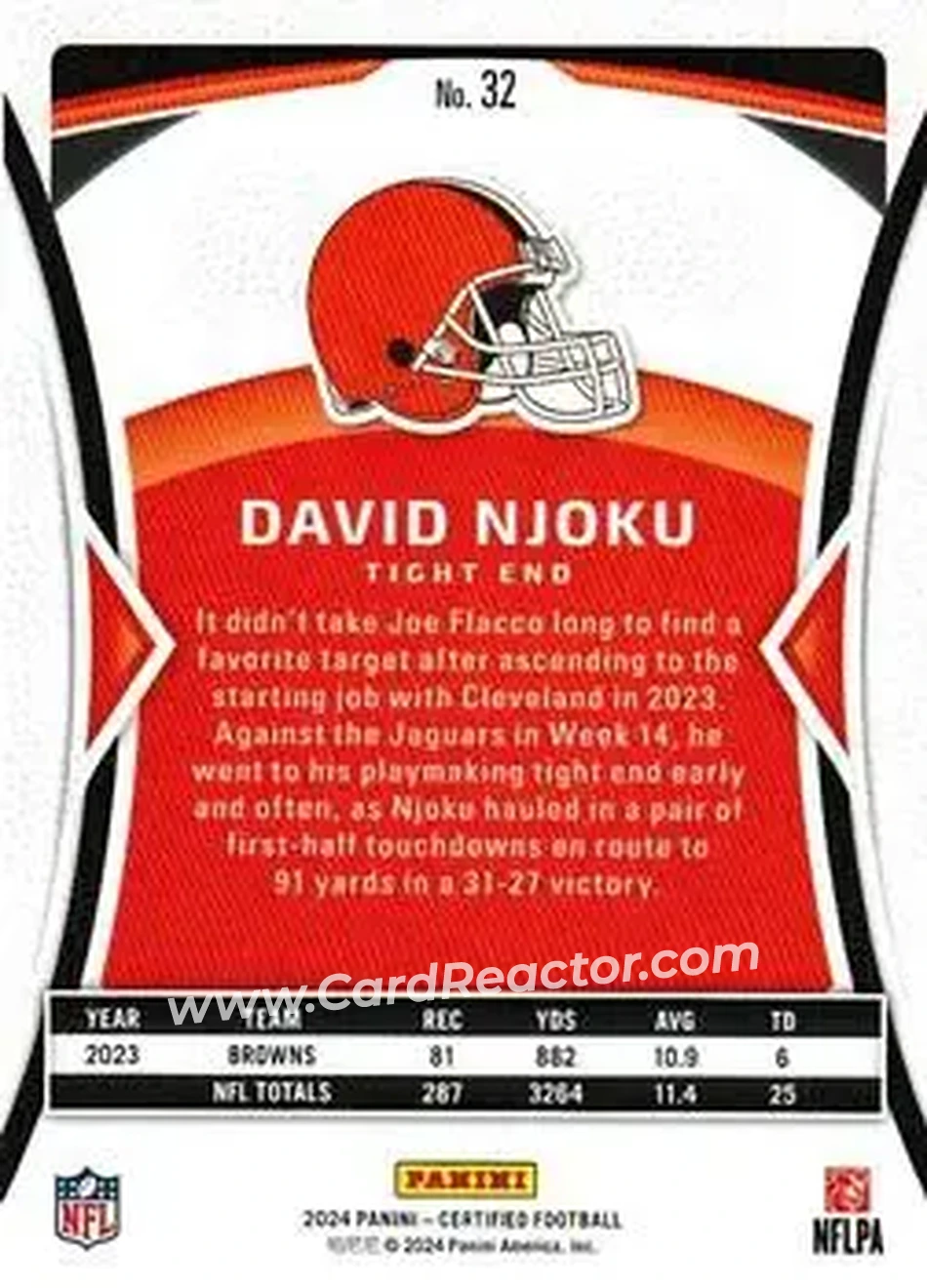 2024 Panini Certified #32 - David Njoku - Cleveland Browns - Back