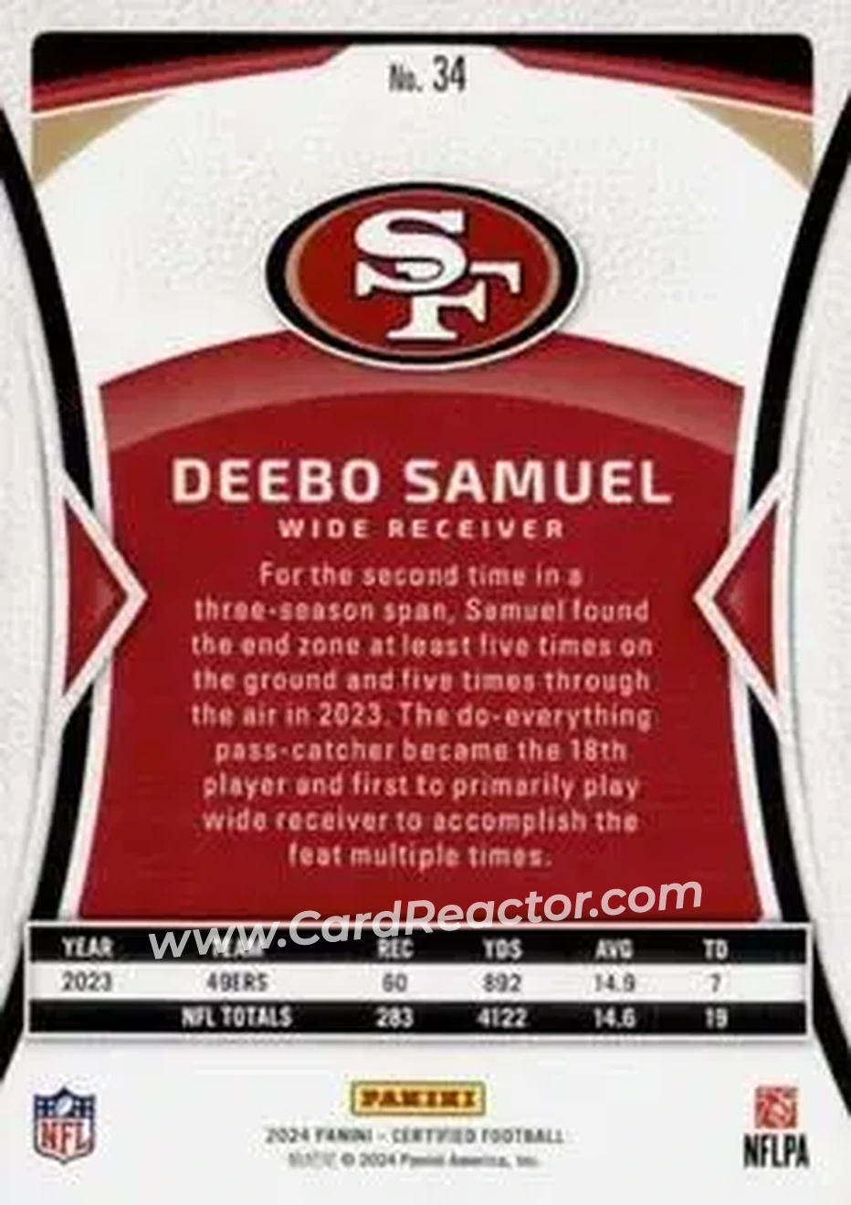 2024 Panini Certified #34 - Deebo Samuel - San Francisco 49ers - Back