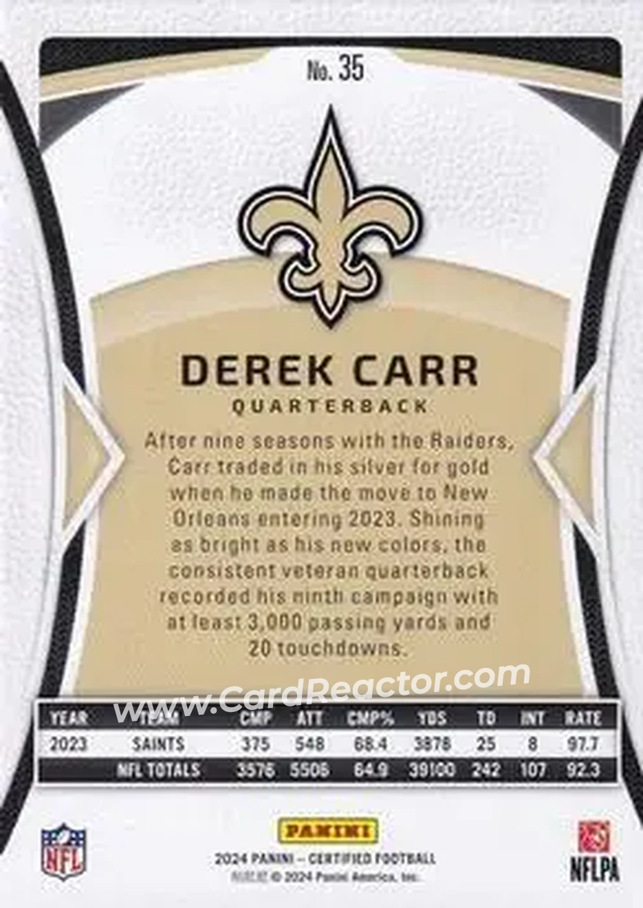 2024 Panini Certified #35 - Derek Carr - New Orleans Saints - Back