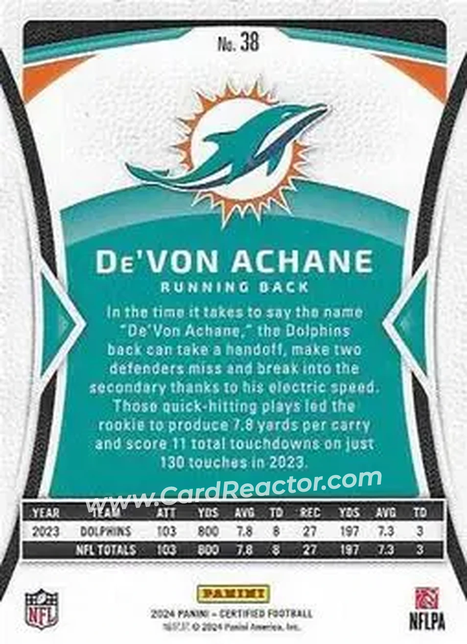 2024 Panini Certified #38 - De’Von Achane - Miami Dolphins - Back
