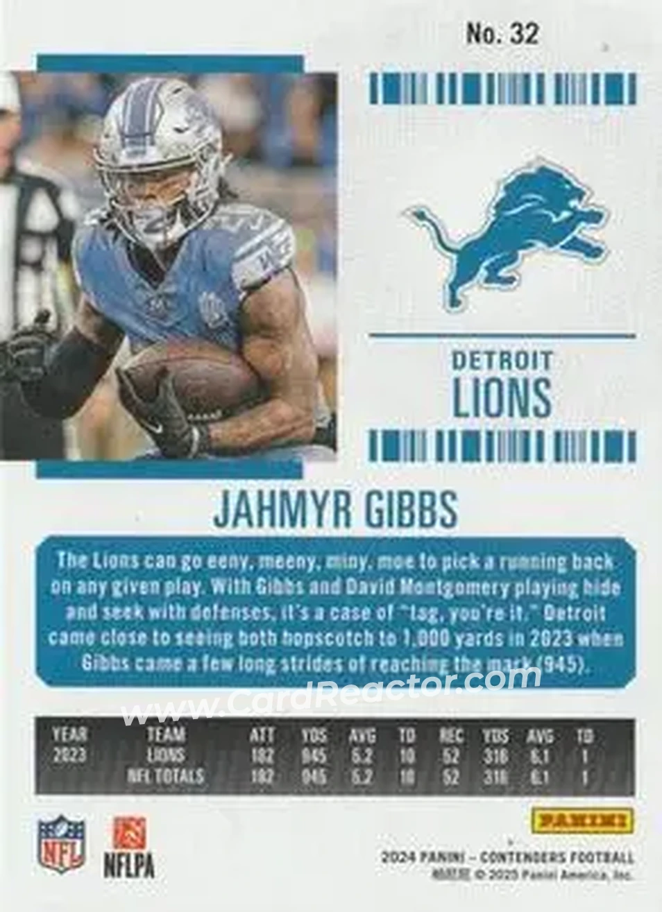 2024 Panini Contenders #32 - Jahmyr Gibbs - Detroit Lions - Back