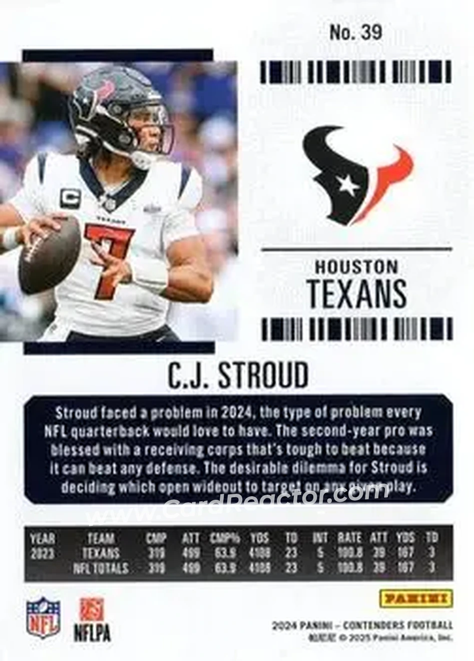 2024 Panini Contenders #39 - CJ Stroud - Houston Texans - Back