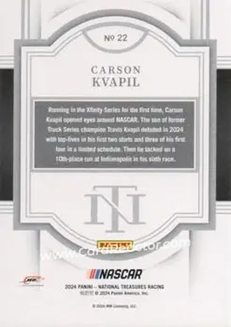 2024 Panini National Treasures #22 - Carson Kvapil - JR Motorsports - Back