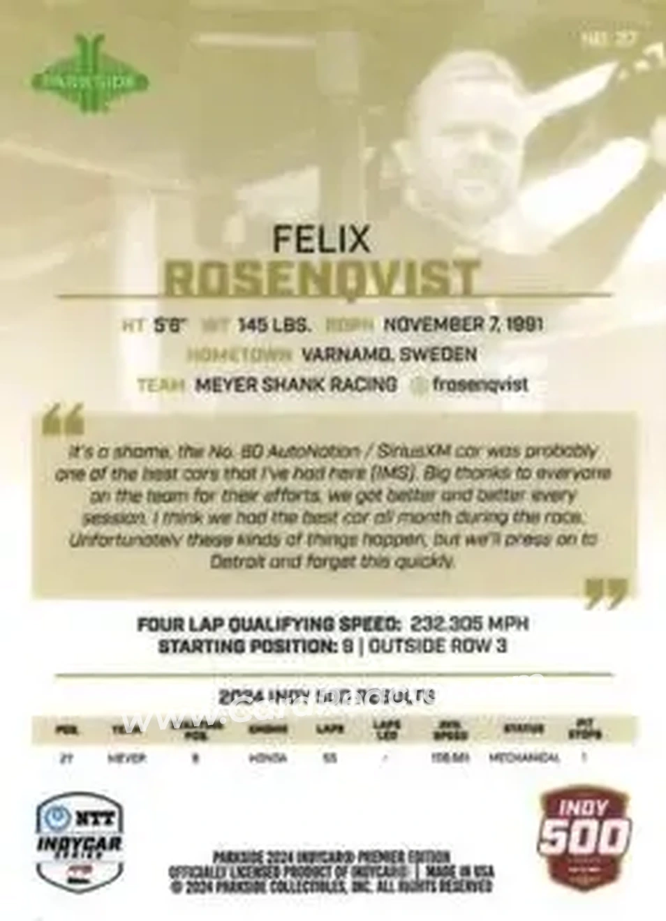 2024 Parkside Indy 500 Pacific #27 - Felix Rosenqvist - Meyer Shank Racing - Back