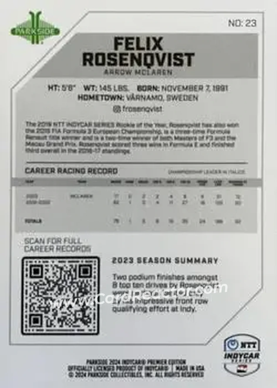 2024 Parkside IndyCar Premier Edition #23 - Felix Rosenqvist - Arrow McLaren - Back