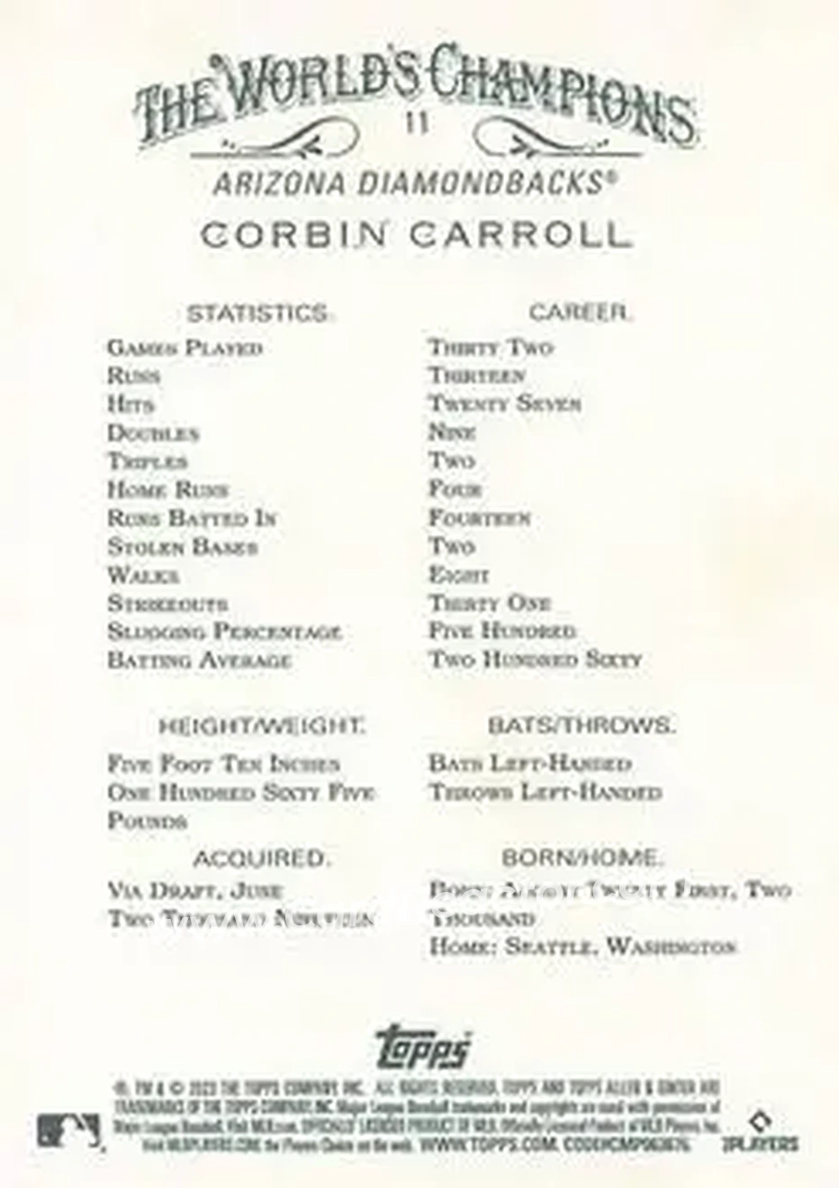 2023 Topps Allen & Ginter #11 - Corbin Carroll - Arizona Diamondbacks - Back 2023 Topps Allen & Ginter #11 - Corbin Carroll - Arizona Diamondbacks - Back