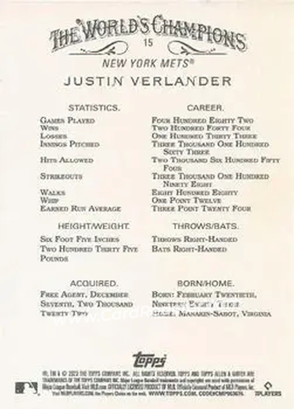 2023 Topps Allen & Ginter #15 - Justin Verlander - New York Mets - Back 2023 Topps Allen & Ginter #15 - Justin Verlander - New York Mets - Back