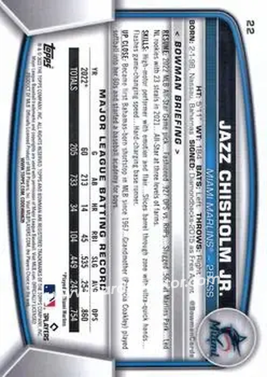2023 Bowman #22 - Jazz Chisholm Jr. - Miami Marlins - Back 2023 Bowman #22 - Jazz Chisholm Jr. - Miami Marlins - Back