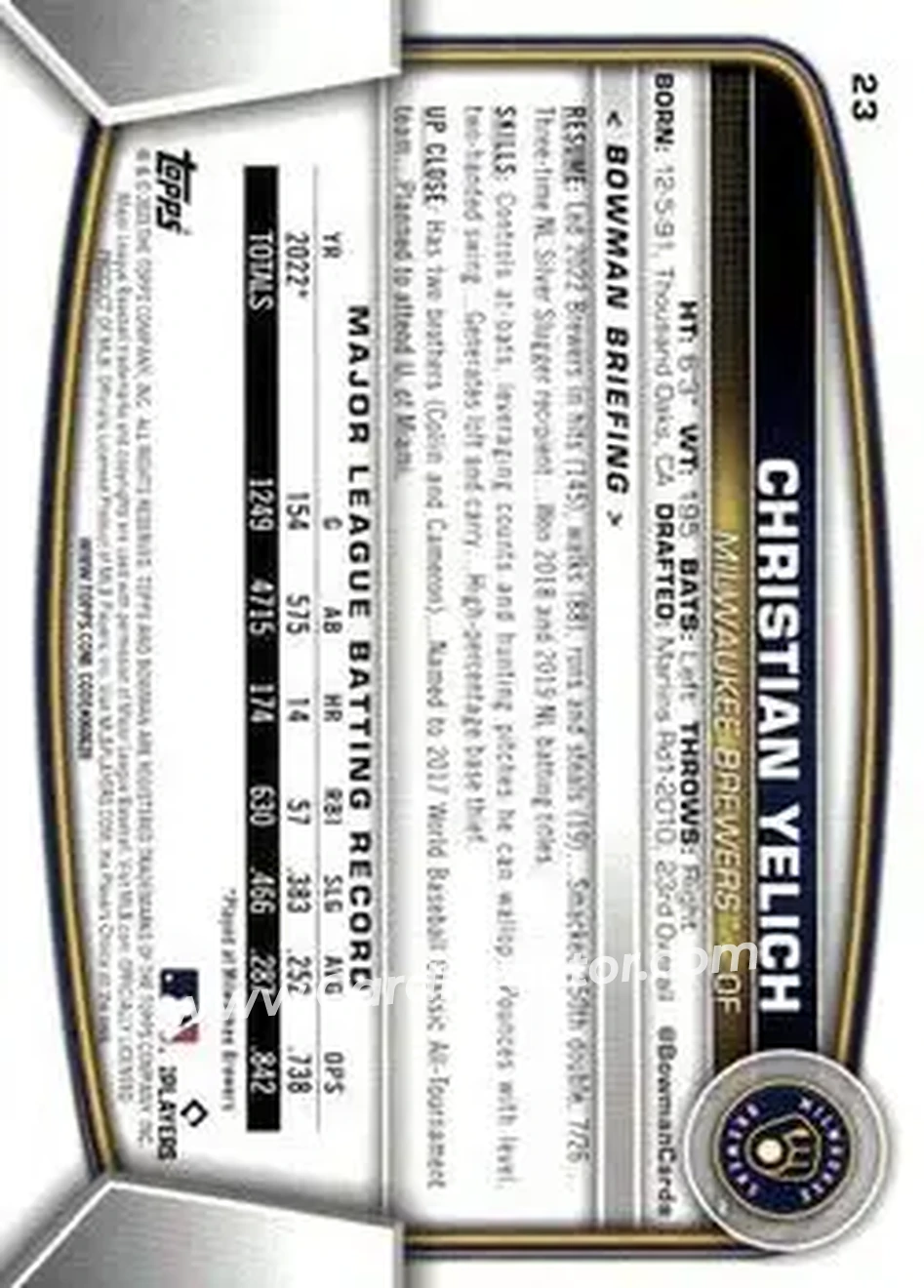 2023 Bowman #23 - Christian Yelich - Milwaukee Brewers - Back