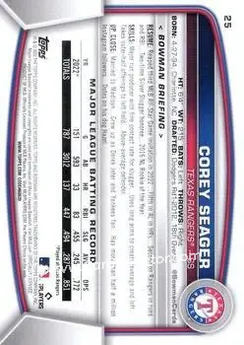 2023 Bowman #25 - Corey Seager - Texas Rangers - Back 2023 Bowman #25 - Corey Seager - Texas Rangers - Back