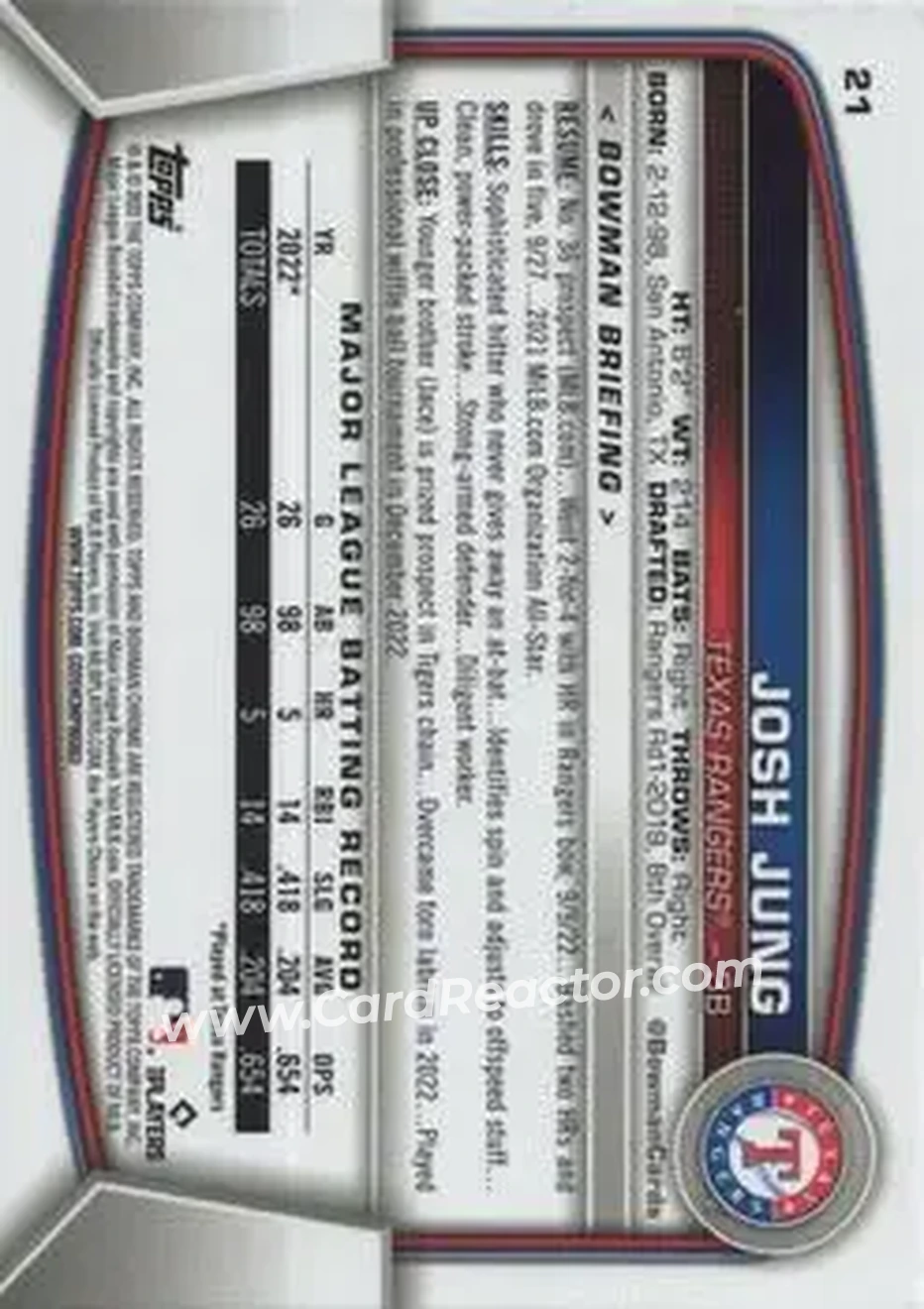 2023 Bowman Chrome #21 - Josh Jung - Texas Rangers - Back 2023 Bowman Chrome #21 - Josh Jung - Texas Rangers - Back