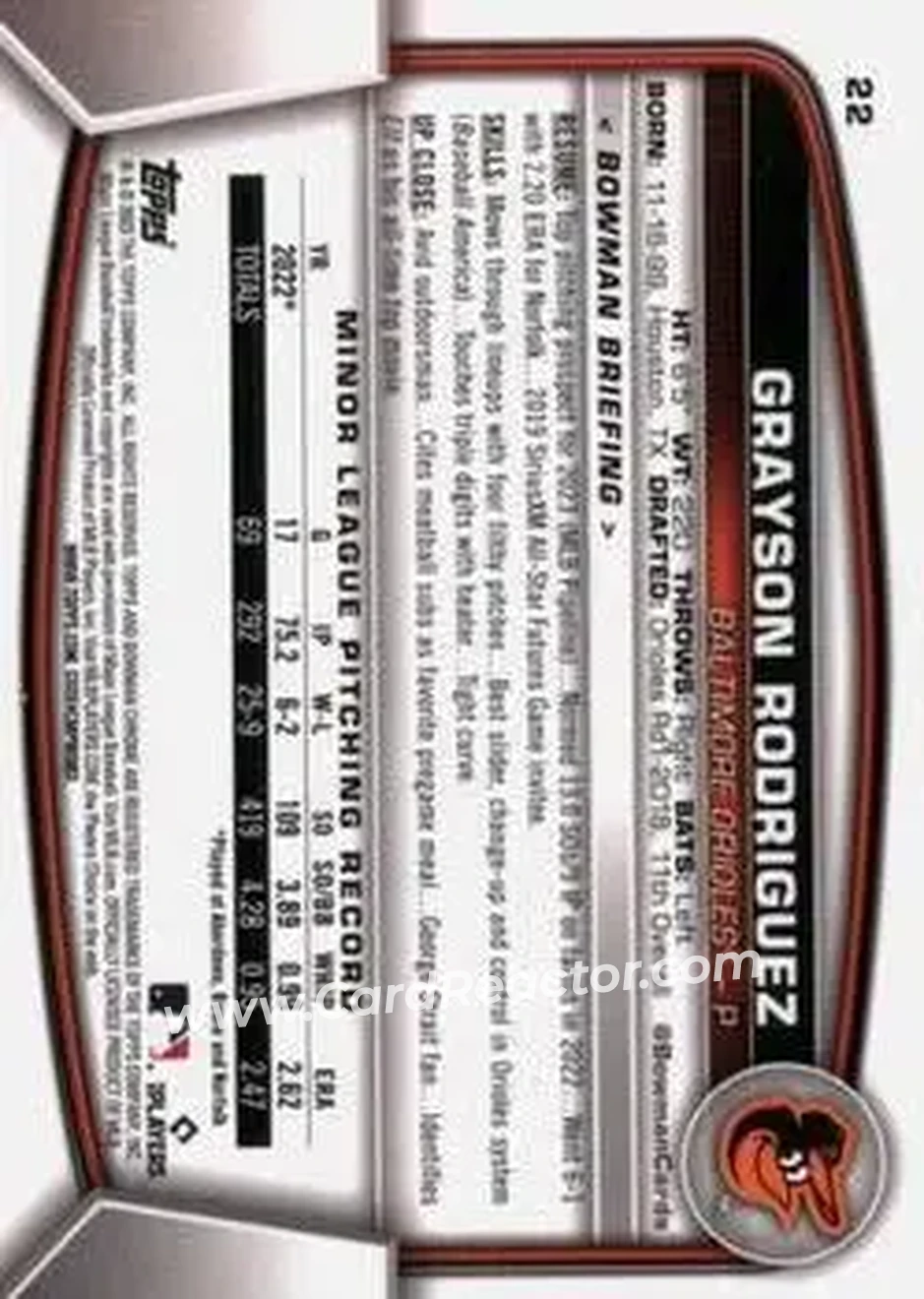 2023 Bowman Chrome #22 - Grayson Rodriguez - Baltimore Orioles - Back