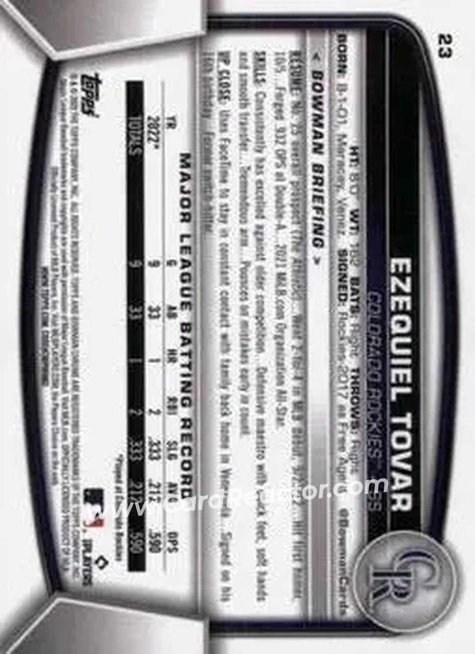 2023 Bowman Chrome #23 - Ezequiel Tovar - Colorado Rockies - Back