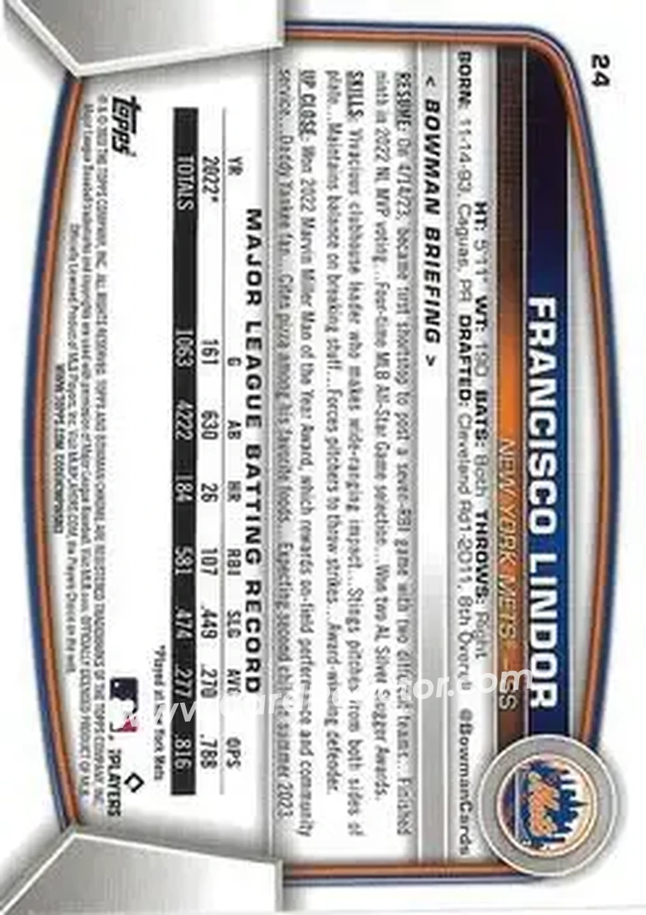 2023 Bowman Chrome #24 - Francisco Lindor - New York Mets - Back