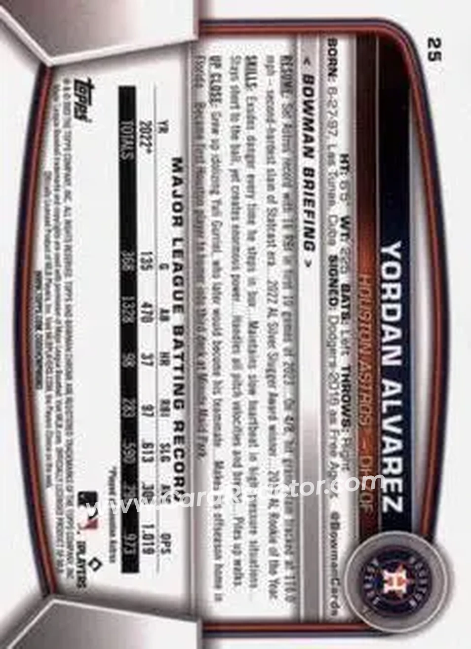2023 Bowman Chrome #25 - Yordan Alvarez - Houston Astros - Back 2023 Bowman Chrome #25 - Yordan Alvarez - Houston Astros - Back