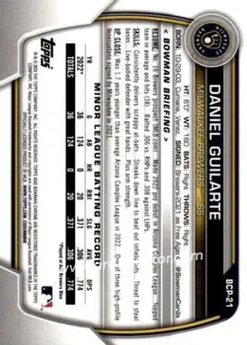 2023 Bowman Sapphire Edition #BCP-21 - Daniel Guilarte - Milwaukee Brewers - Back