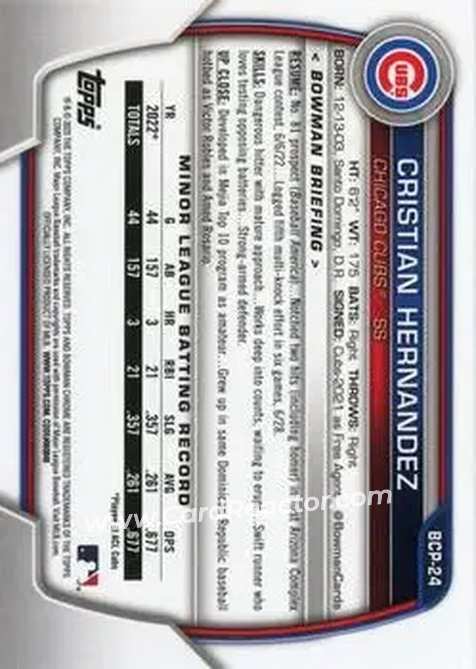 2023 Bowman Sapphire Edition #BCP-24 - Cristian Hernandez - Chicago Cubs - Back