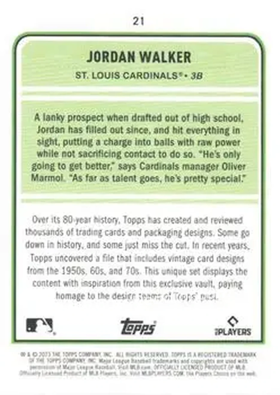 2023 Topps Brooklyn Collection #21 - Jordan Walker - St. Louis Cardinals - Back