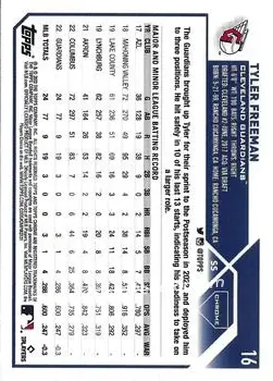 2023 Topps Chrome #16 - Tyler Freeman - Cleveland Guardians - Back