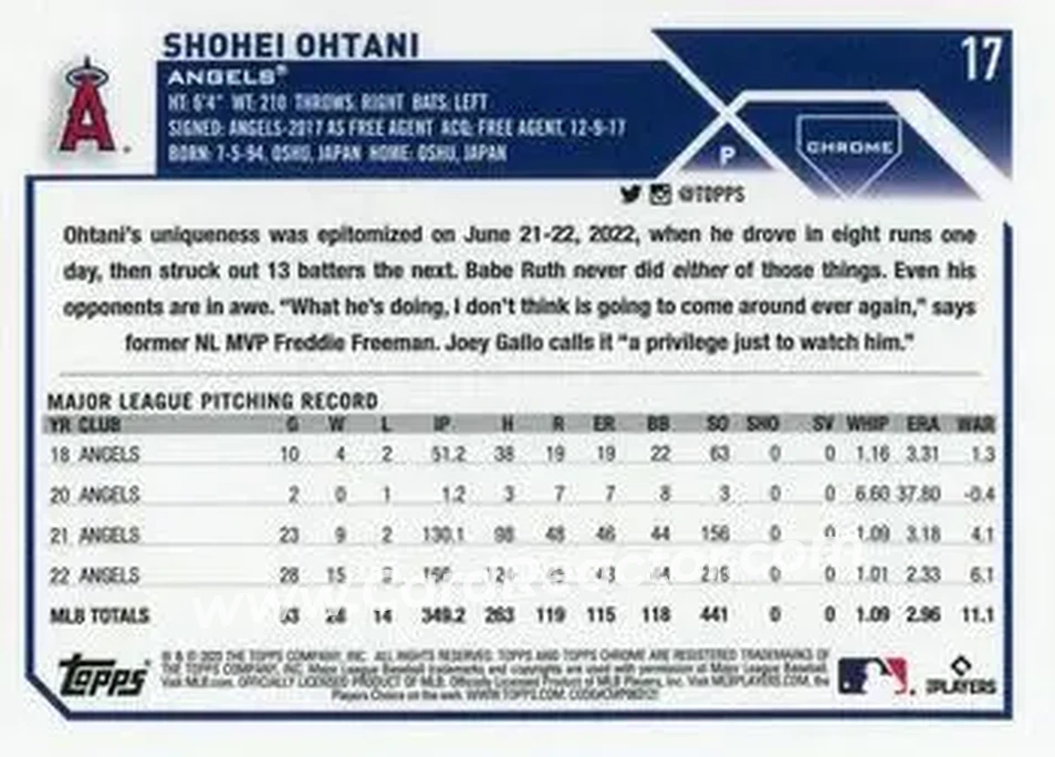 2023 Topps Chrome #17 - Shohei Ohtani - Los Angeles Angels - Back