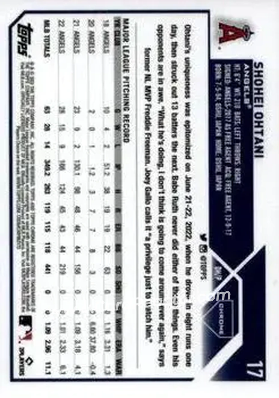 2023 Topps Chrome #17b - Shohei Ohtani - Los Angeles Angels - Back