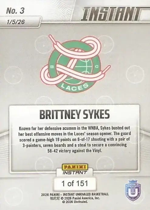 2026 Panini Instant Unrivaled #3 - Brittney Sykes - Laces - Back 2026 Panini Instant Unrivaled #3 - Brittney Sykes - Laces - Back