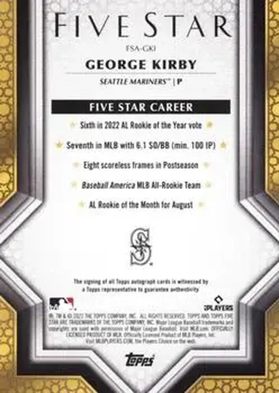 2023 Topps Five Star #FSA-GKI - George Kirby - Seattle Mariners - Back