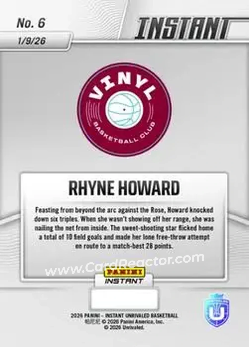 2026 Panini Instant Unrivaled #6 - Rhyne Howard - Vinyl - Back 2026 Panini Instant Unrivaled #6 - Rhyne Howard - Vinyl - Back