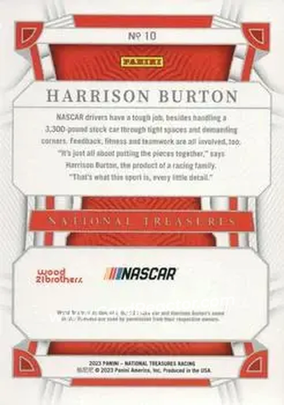 2023 Panini National Treasures #10 - Harrison Burton - Wood Brothers Racing - Back