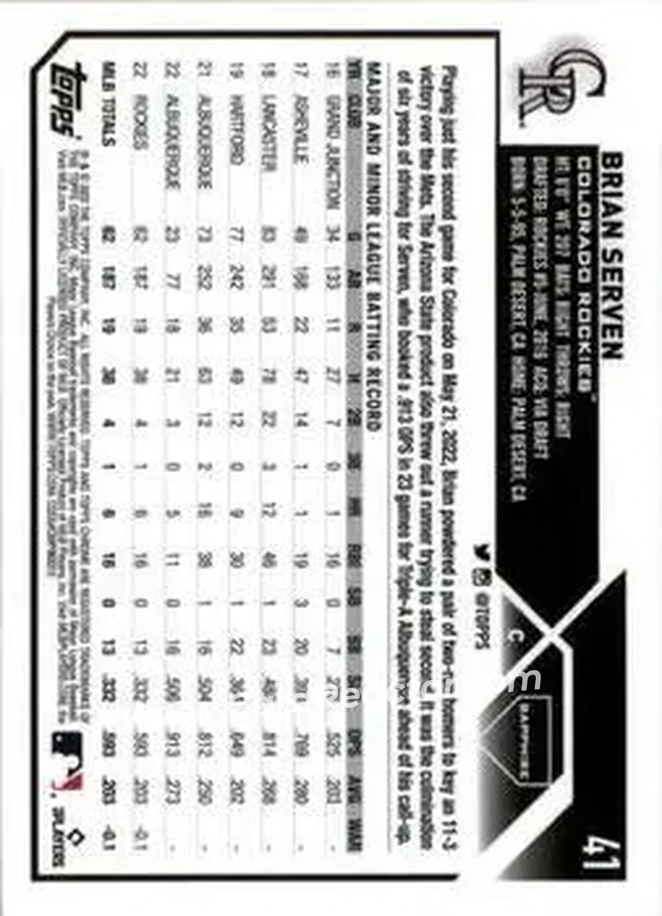 2023 Topps Chrome Sapphire Edition #41 - Brian Serven - Colorado Rockies - Back 2023 Topps Chrome Sapphire Edition #41 - Brian Serven - Colorado Rockies - Back