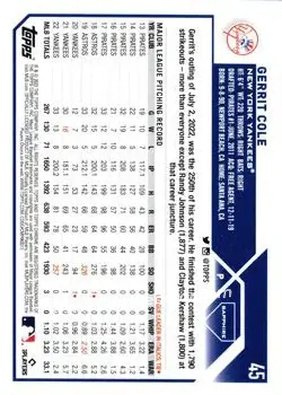 2023 Topps Chrome Sapphire Edition #45 - Gerrit Cole - New York Yankees - Back 2023 Topps Chrome Sapphire Edition #45 - Gerrit Cole - New York Yankees - Back