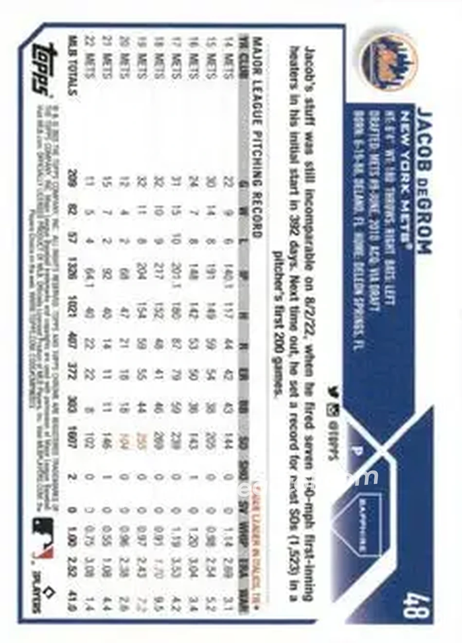 2023 Topps Chrome Sapphire Edition #48 - Jacob deGrom - New York Mets - Back 2023 Topps Chrome Sapphire Edition #48 - Jacob deGrom - New York Mets - Back
