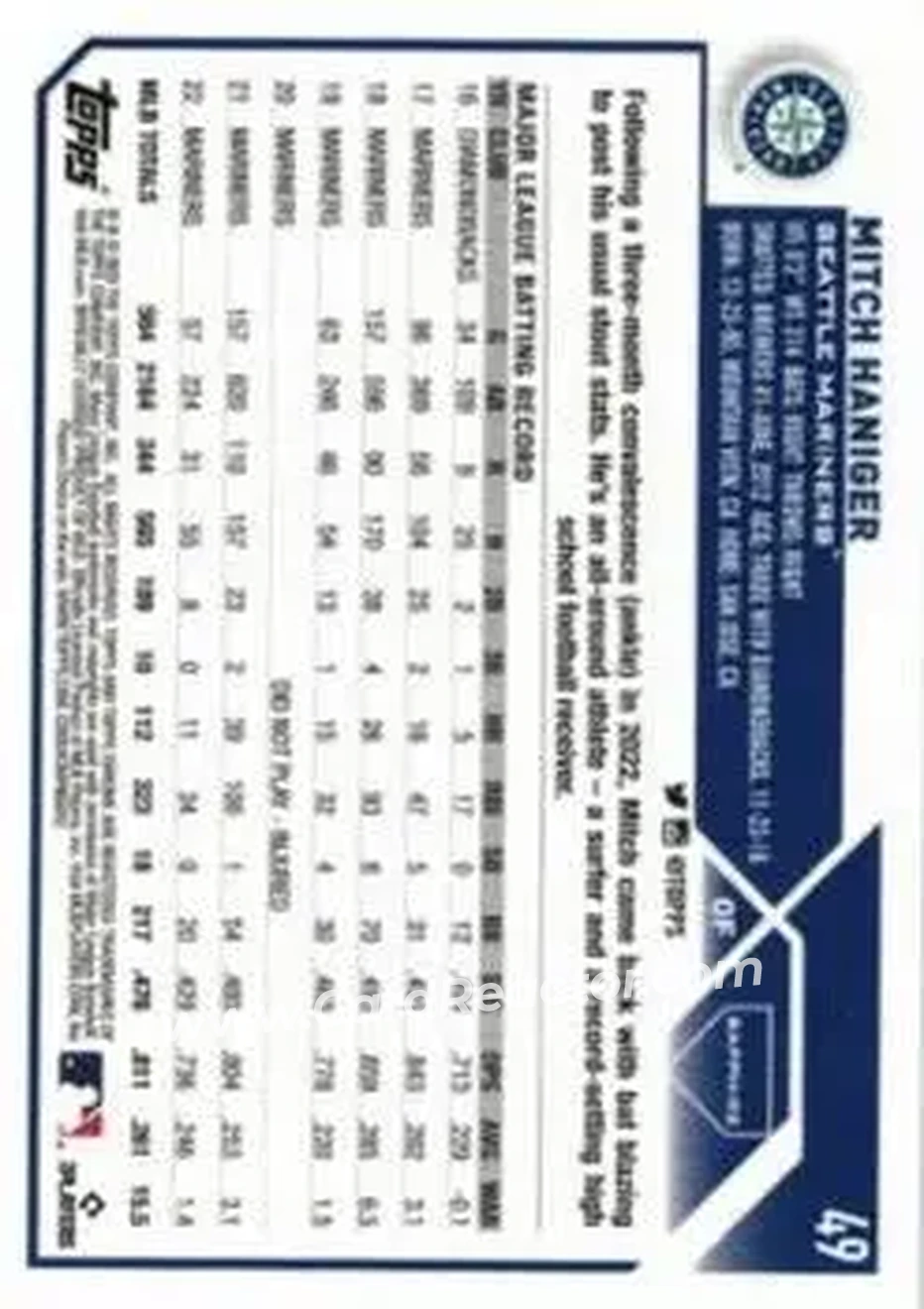 2023 Topps Chrome Sapphire Edition #49 - Mitch Haniger - Seattle Mariners - Back 2023 Topps Chrome Sapphire Edition #49 - Mitch Haniger - Seattle Mariners - Back