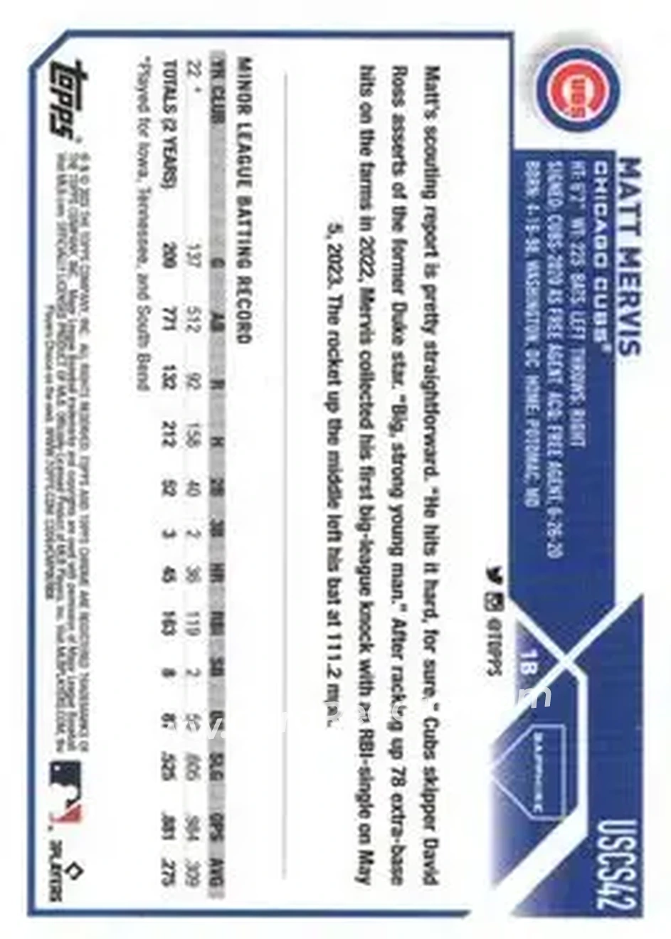 2023 Topps Chrome Update Sapphire Edition #USCS42 - Matt Mervis - Chicago Cubs - Back 2023 Topps Chrome Update Sapphire Edition #USCS42 - Matt Mervis - Chicago Cubs - Back