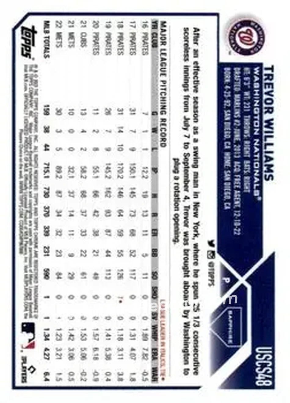 2023 Topps Chrome Update Sapphire Edition #USCS48 - Trevor Williams - Washington Nationals - Back 2023 Topps Chrome Update Sapphire Edition #USCS48 - Trevor Williams - Washington Nationals - Back