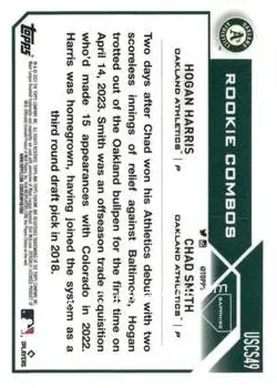 2023 Topps Chrome Update Sapphire Edition #USCS49 - Hogan Harris - Chad Smith RCOM, RC - Oakland Athletics - Oakland Athletics - Back 2023 Topps Chrome Update Sapphire Edition #USCS49 - Hogan Harris - Chad Smith RCOM, RC - Oakland Athletics - Oakland Athletics - Back