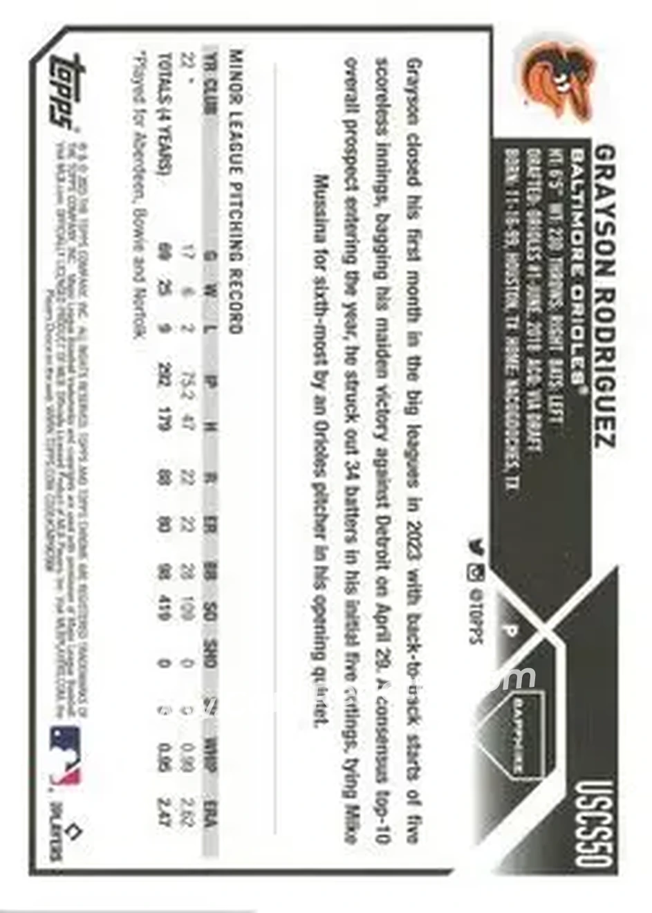 2023 Topps Chrome Update Sapphire Edition #USCS50 - Grayson Rodriguez - Baltimore Orioles - Back 2023 Topps Chrome Update Sapphire Edition #USCS50 - Grayson Rodriguez - Baltimore Orioles - Back